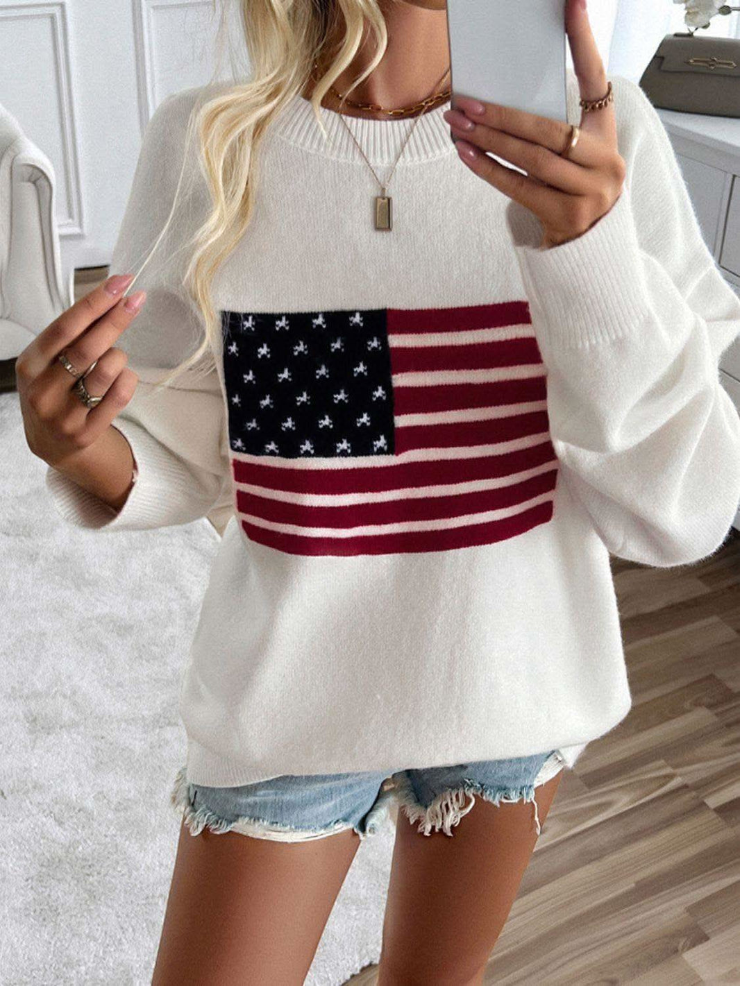 Devine US Flag Round Neck Long Sleeve Knit Top - SwagglyLife Home & Fashion